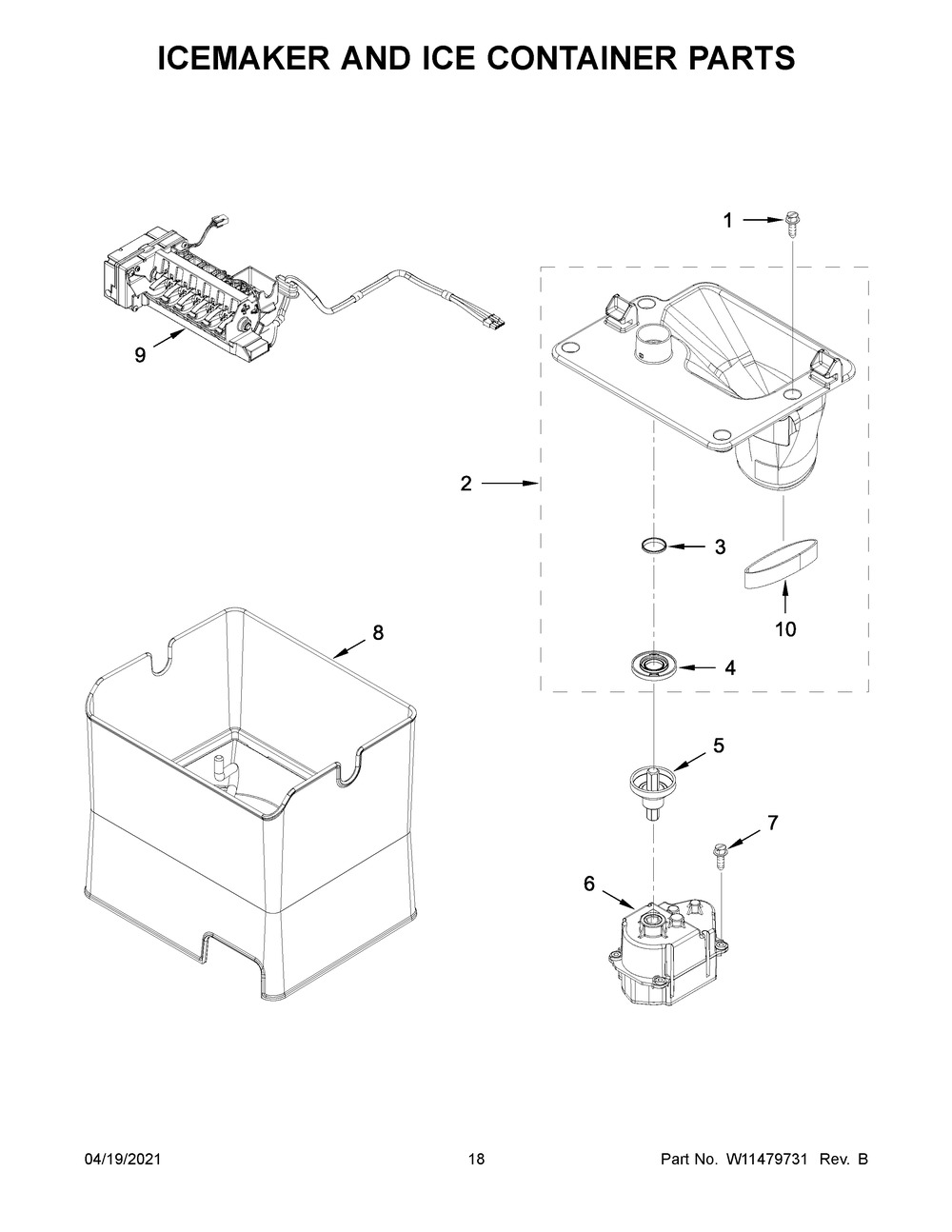 Icemaker And Ice Container Parts Diagram and Parts List for WRX986SIHZ02  Whirlpool Refrigerator