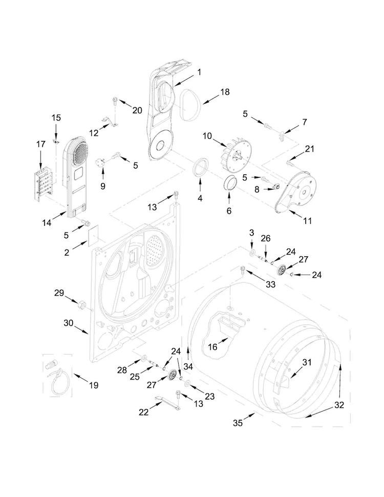 Bulkhead Parts Diagram and Parts List for WED4815EW1  Whirlpool Dryer