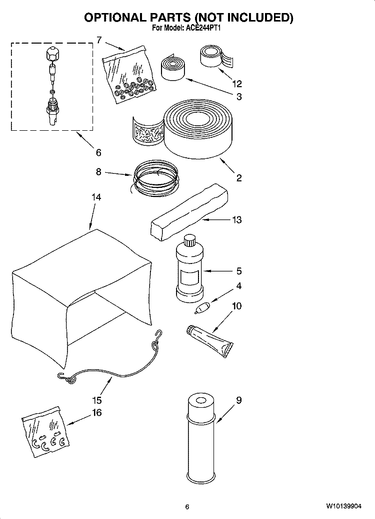 OPTIONAL  PARTS (NOT INCLUDED) Diagram and Parts List for ACE244PT1  Whirlpool Air Conditioner