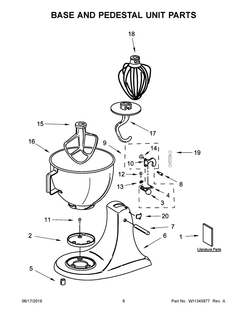 Base And Pedestal Unit Parts Diagram and Parts List for 5KSM156HMEFL4  Whirlpool Mixer