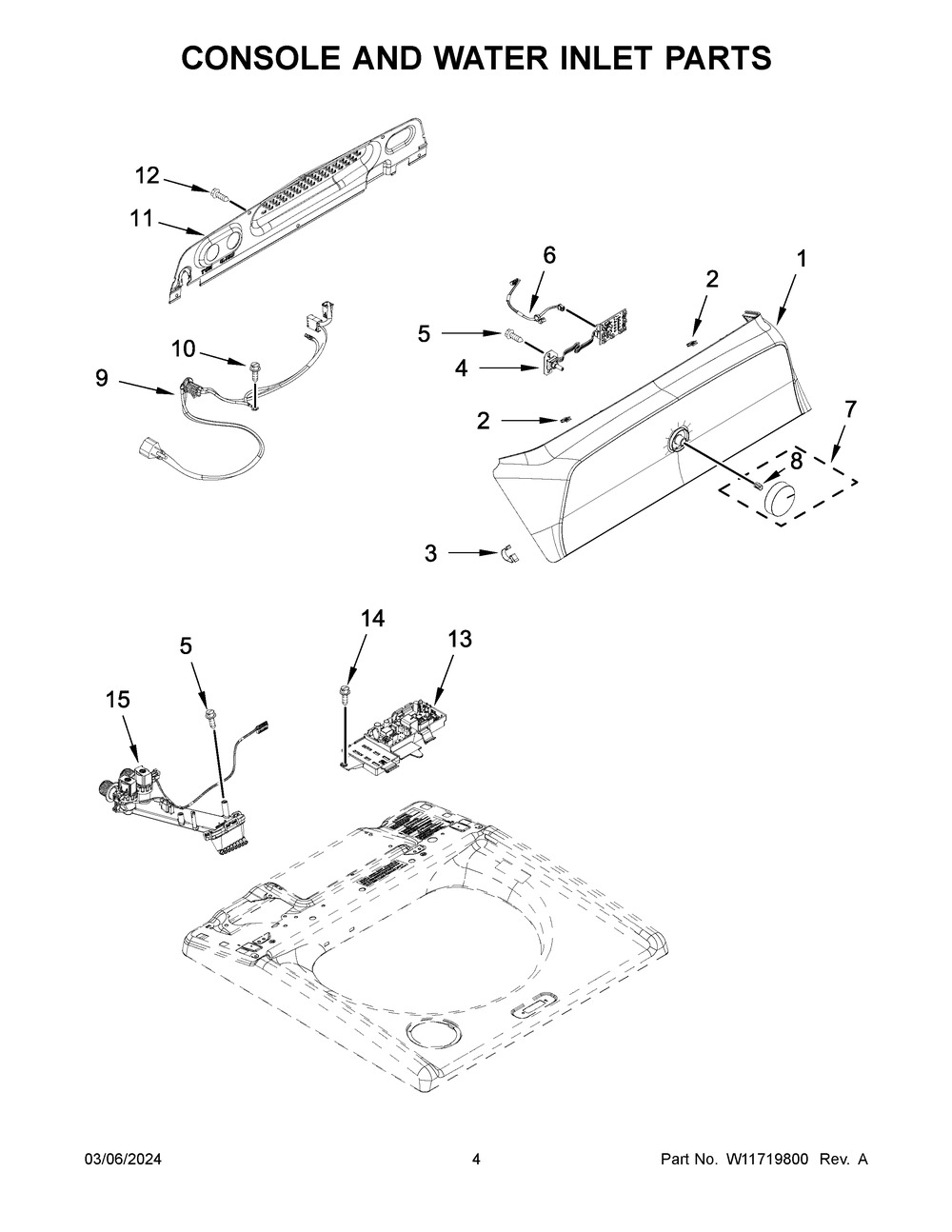 Console And Water Inlet Parts Diagram and Parts List for 8TWTW5010PW0  Whirlpool Washer