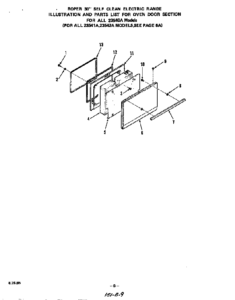 Oven Doors Diagram and Parts List for 2364*1A  Roper Range