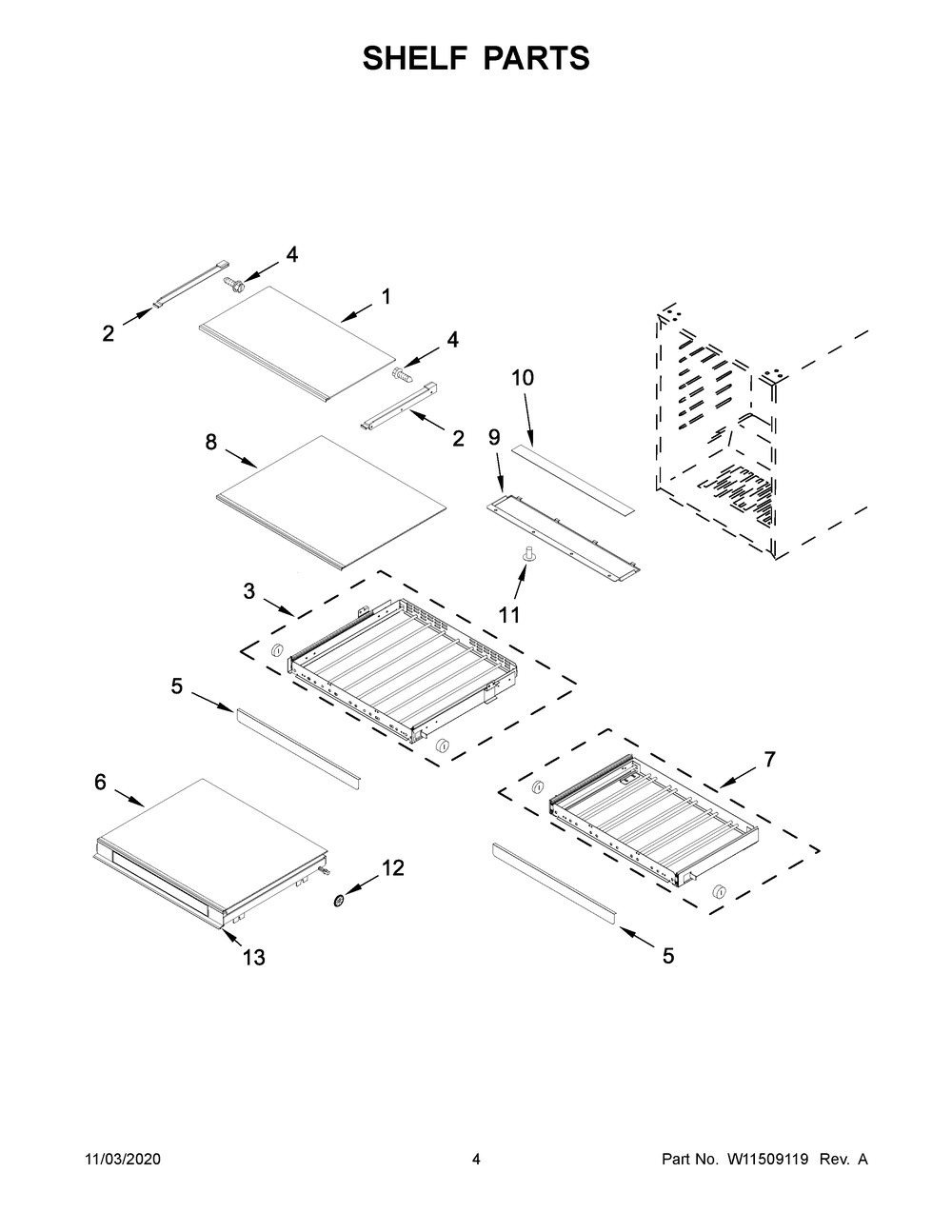 Shelf Parts Diagram and Parts List for KUBR304EBS02  Whirlpool Wine and Beverage Cooler