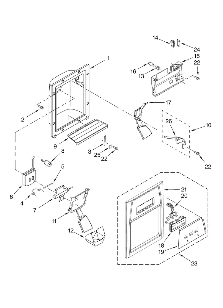 Dispenser Front Parts Diagram and Parts List for ED5LVAXVQ01  Whirlpool Refrigerator