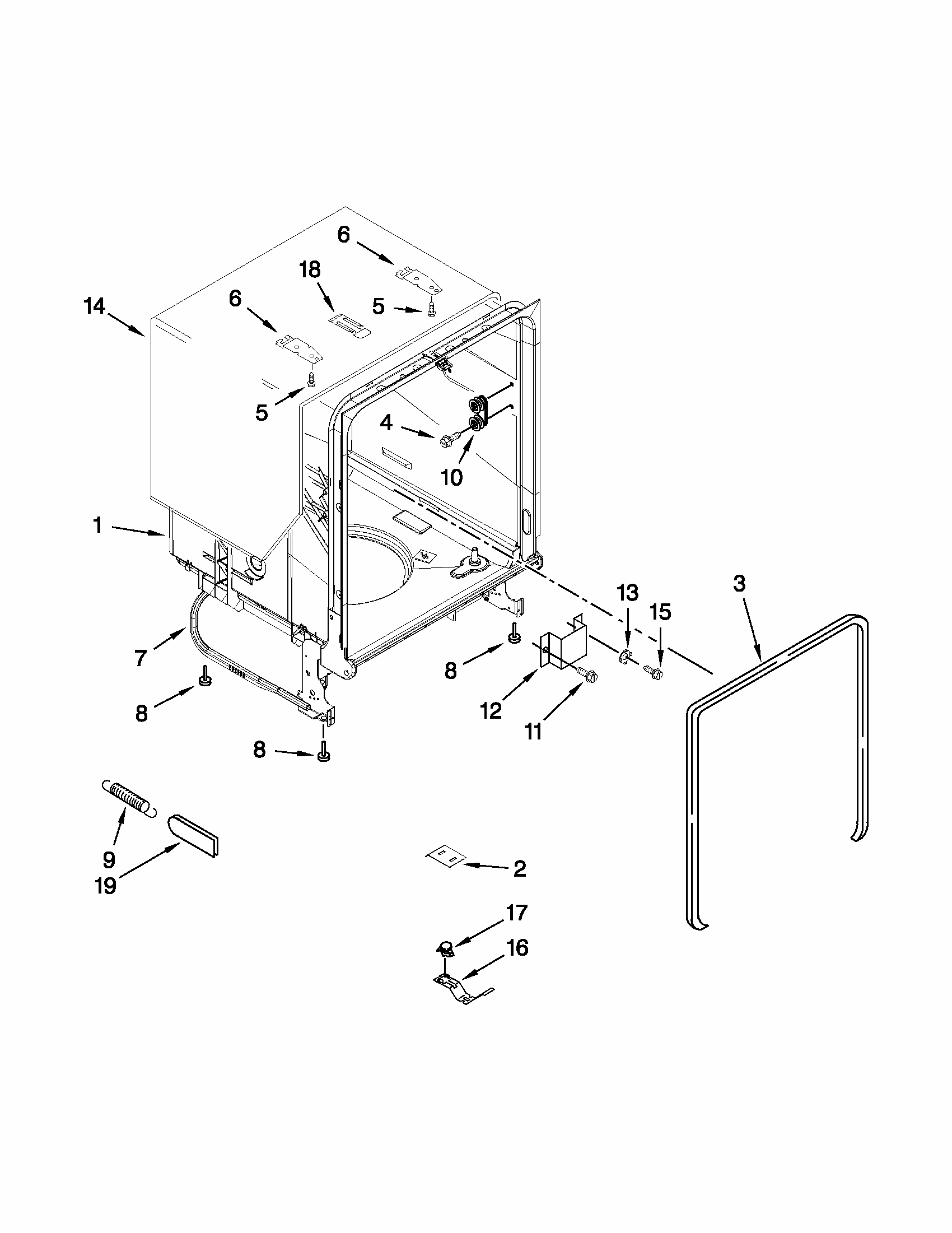 Tub And Frame Parts Diagram and Parts List for 66515119K214  Kenmore Dishwasher