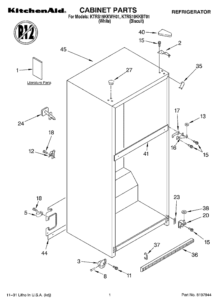 CABINET, LITERATURE Diagram and Parts List for KTRS19KKWH01  KitchenAid Refrigerator