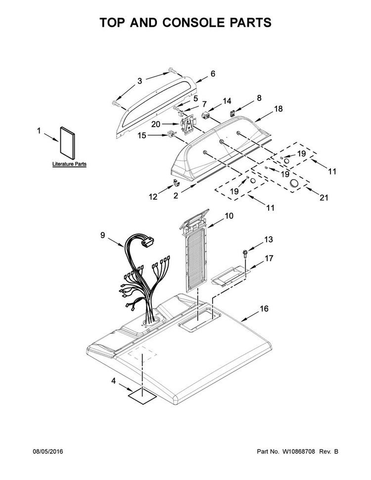 Top And Console Parts Diagram and Parts List for 7MWED1650EQ0  Whirlpool Dryer