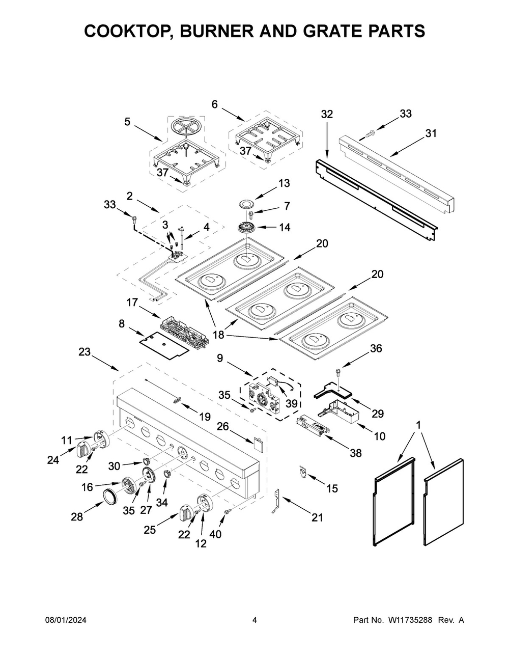 03 - Cooktop, Burner And Grate Parts Diagram and Parts List for KFGC506JYP07  Whirlpool Range