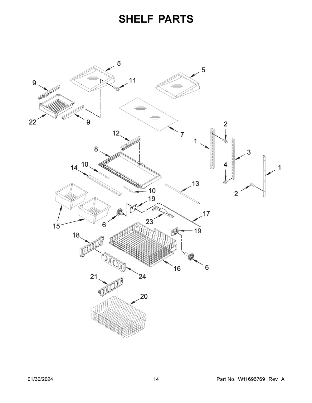 Shelf Parts Diagram and Parts List for WRB322DMBW05  Whirlpool Refrigerator