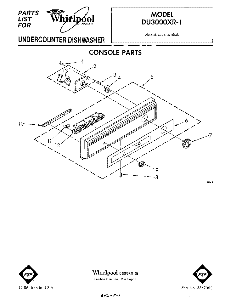 CONSOLE Diagram and Parts List for DU3000XR1  Whirlpool Dishwasher