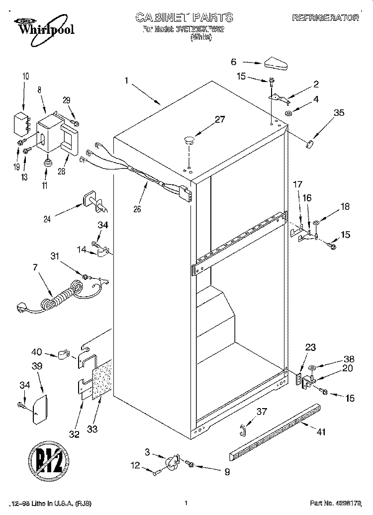 CABINET Diagram and Parts List for 3VET23DKFW02  Whirlpool Refrigerator