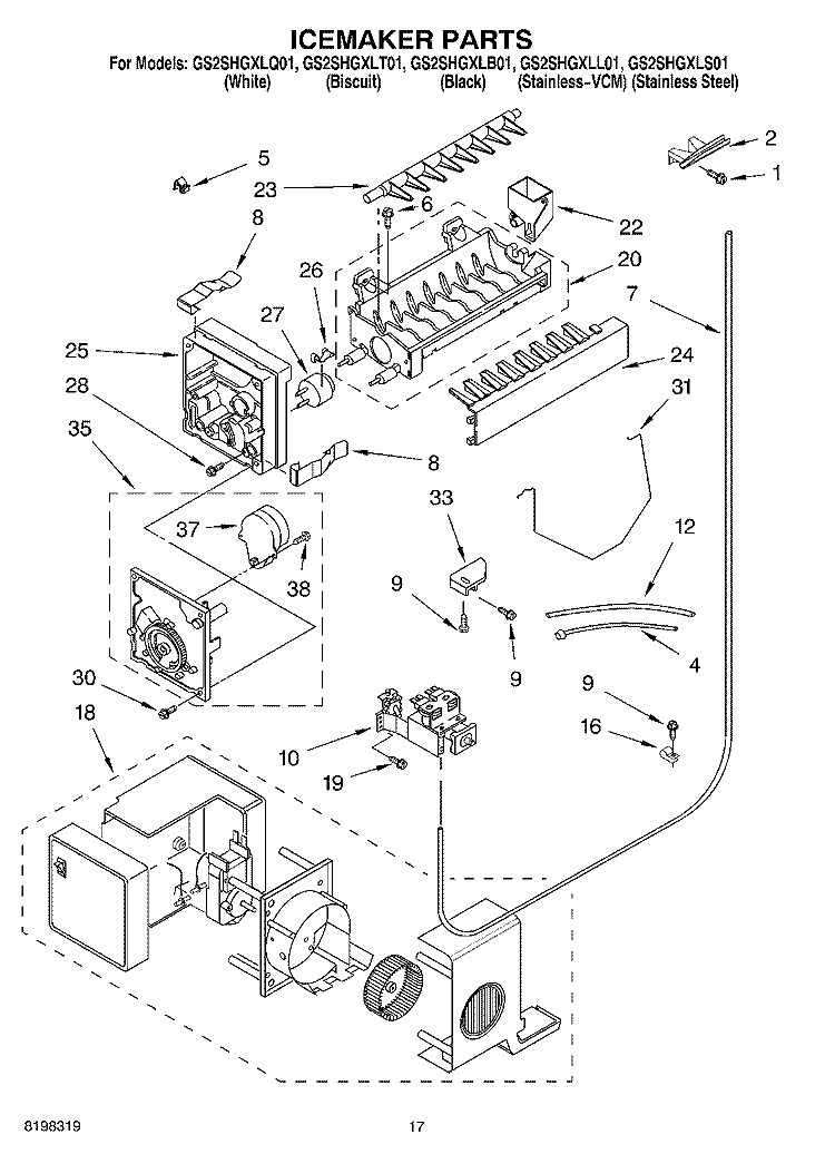 ICE MAKER Diagram and Parts List for GS2SHGXLT01  Whirlpool Refrigerator