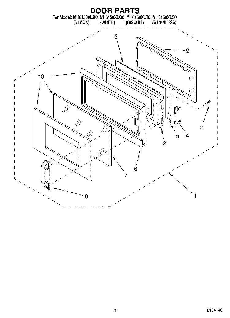 DOOR Diagram and Parts List for MH6150XLB0  Whirlpool Microwave
