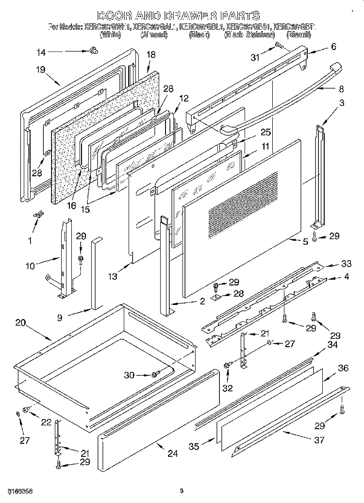 DOOR AND DRAWER Diagram and Parts List for KERC607GAL1  KitchenAid Range