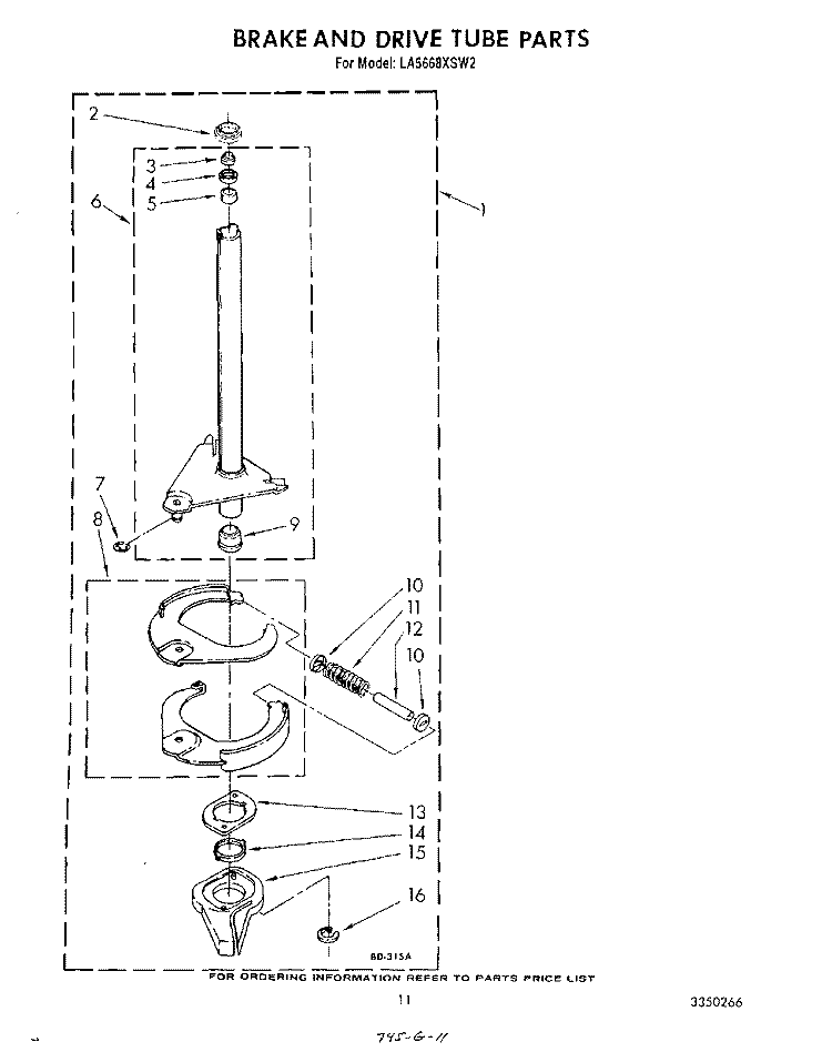 BRAKE AND DRIVE TUBE Diagram and Parts List for LA5668XSW2  Whirlpool Washer
