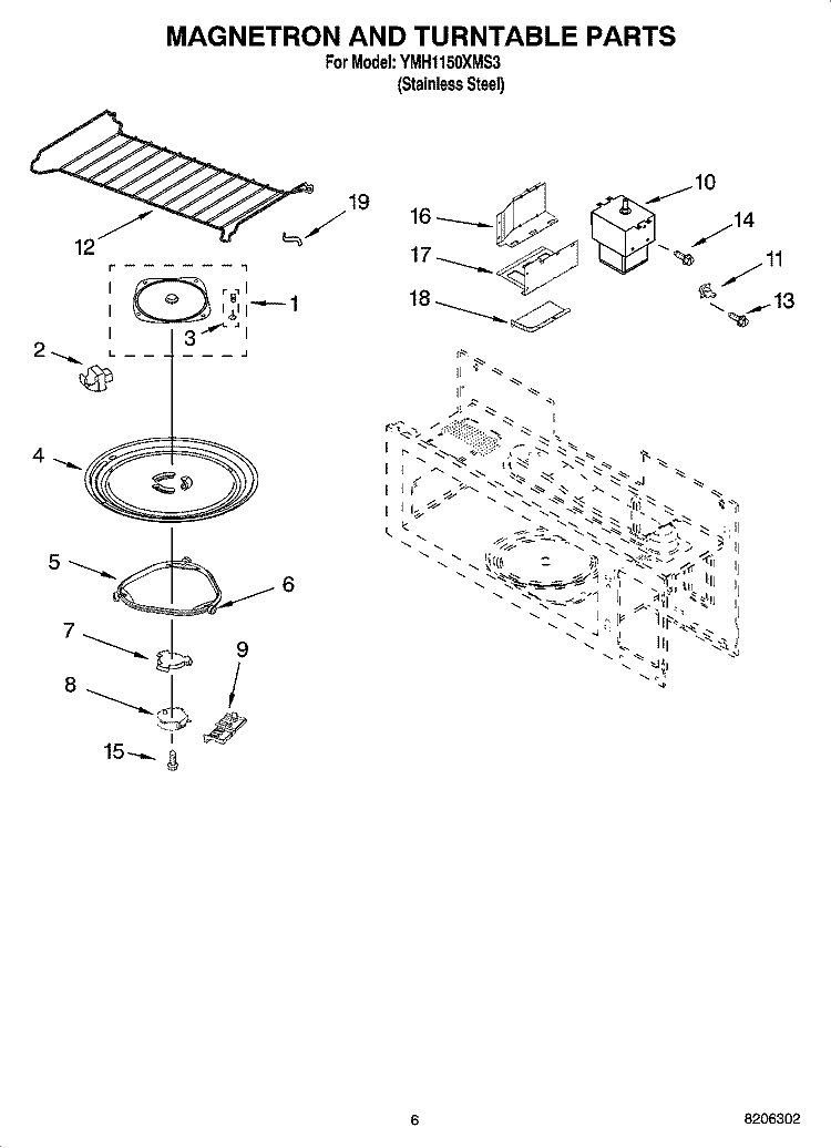 MAGNETRON AND TURNTABLE PARTS Diagram and Parts List for YMH1150XMS3  Whirlpool Microwave