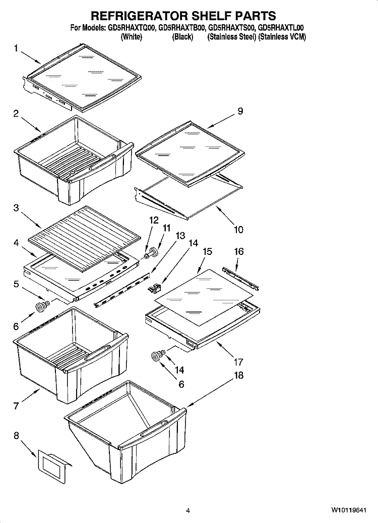 REFRIGERATOR SHELF PARTS Diagram and Parts List for GD5RHAXTS00  Whirlpool Refrigerator