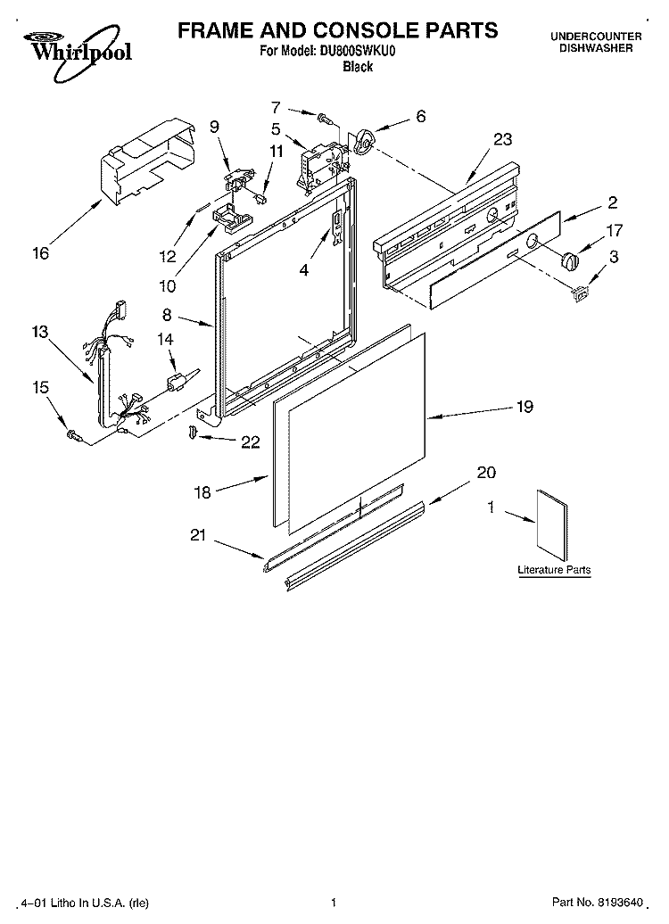 FRAME AND CONSOLE, LITERATURE Diagram and Parts List for DU800SWKU0  Whirlpool Dishwasher
