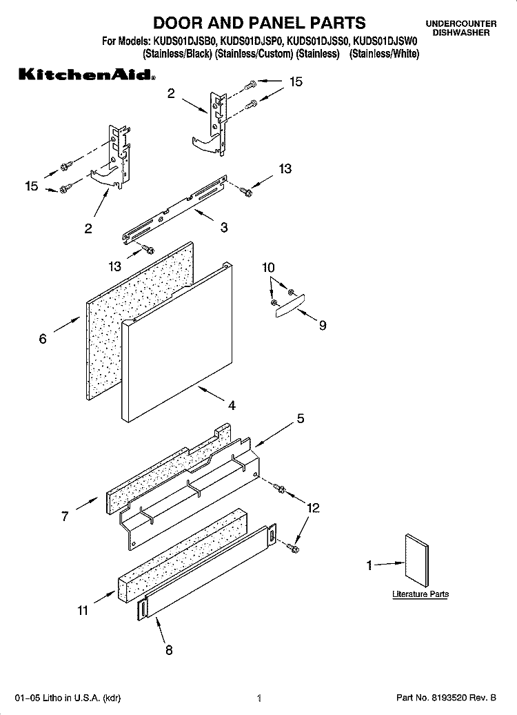 DOOR AND PANEL PARTS Diagram and Parts List for KUDS01DJSP0  KitchenAid Dishwasher