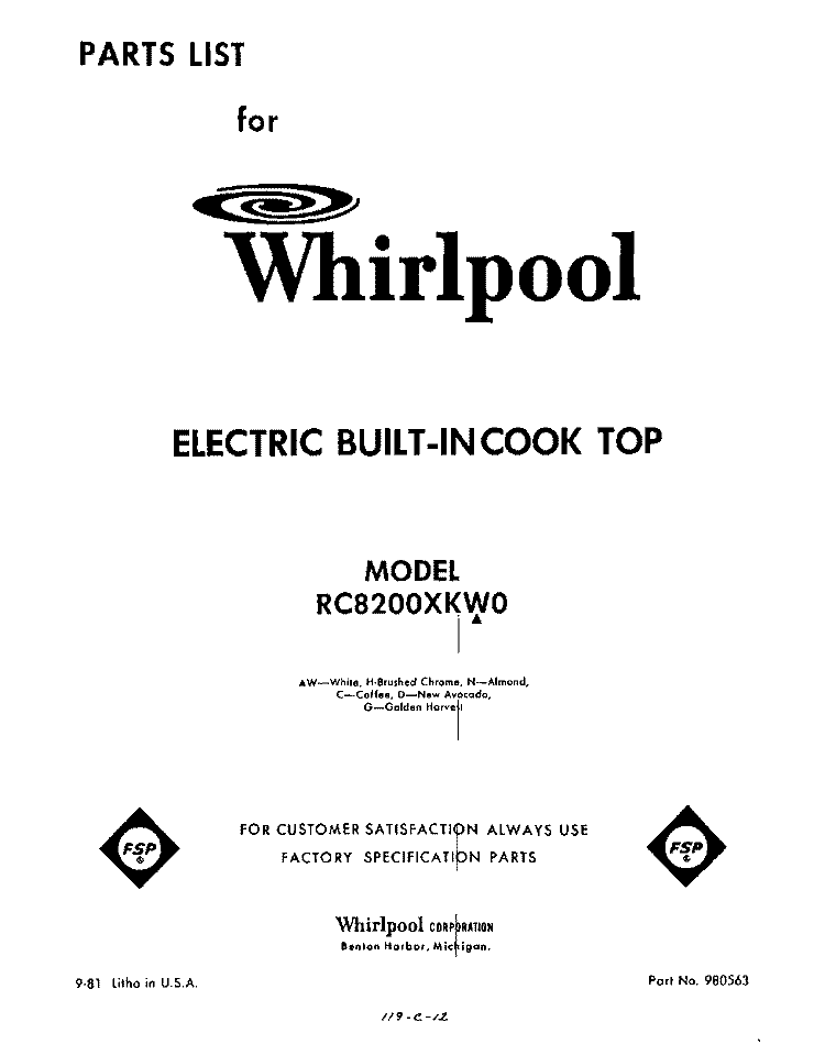 SECTION Diagram and Parts List for RC8200XKW0  Whirlpool Cooktop