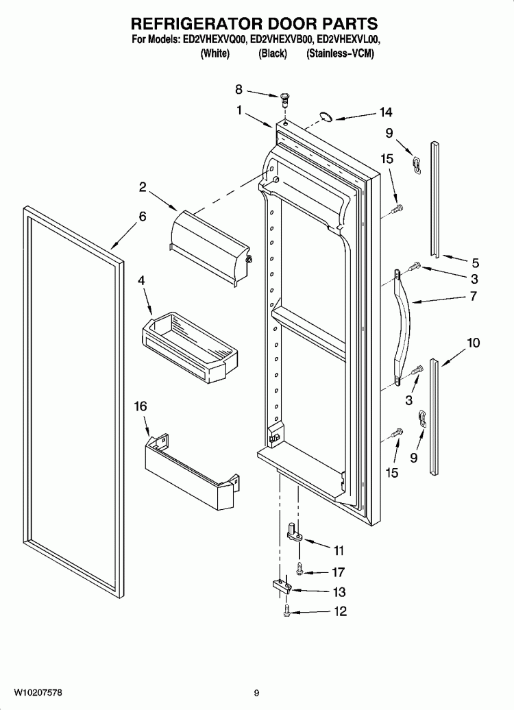 REFRIGERATOR DOOR PARTS Diagram and Parts List for ED2VHEXVB00  Whirlpool Refrigerator