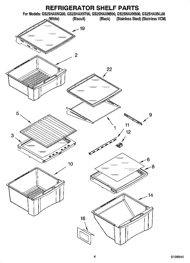 REFRIGERATOR SHELF PARTS Diagram and Parts List for GS2SHAXNQ00  Whirlpool Refrigerator