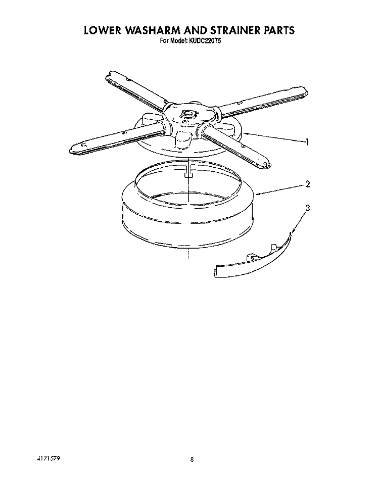 LOWER WASHARM AND STRAINER Diagram and Parts List for KUDC220T5  KitchenAid Dishwasher