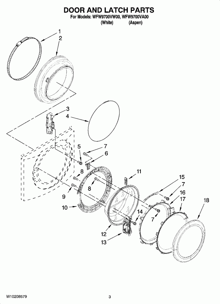 DOOR AND LATCH PARTS Diagram and Parts List for WFW9700VW00  Whirlpool Washer
