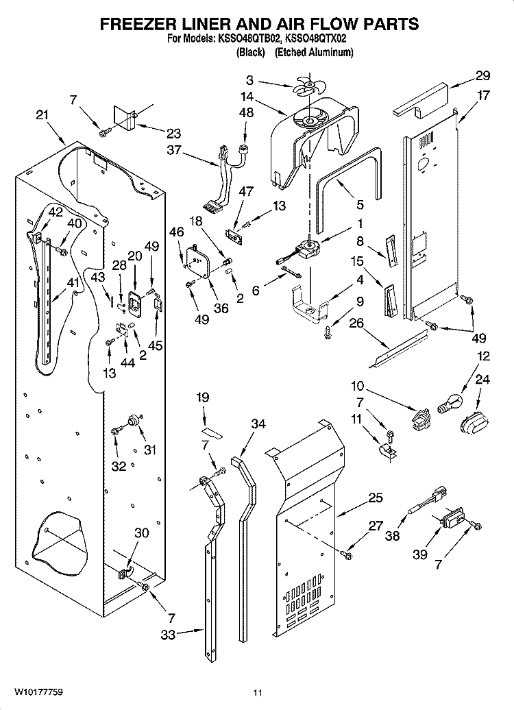 FREEZER LINER AND AIR FLOW PARTS Diagram and Parts List for KSSO48QTB02  KitchenAid Refrigerator