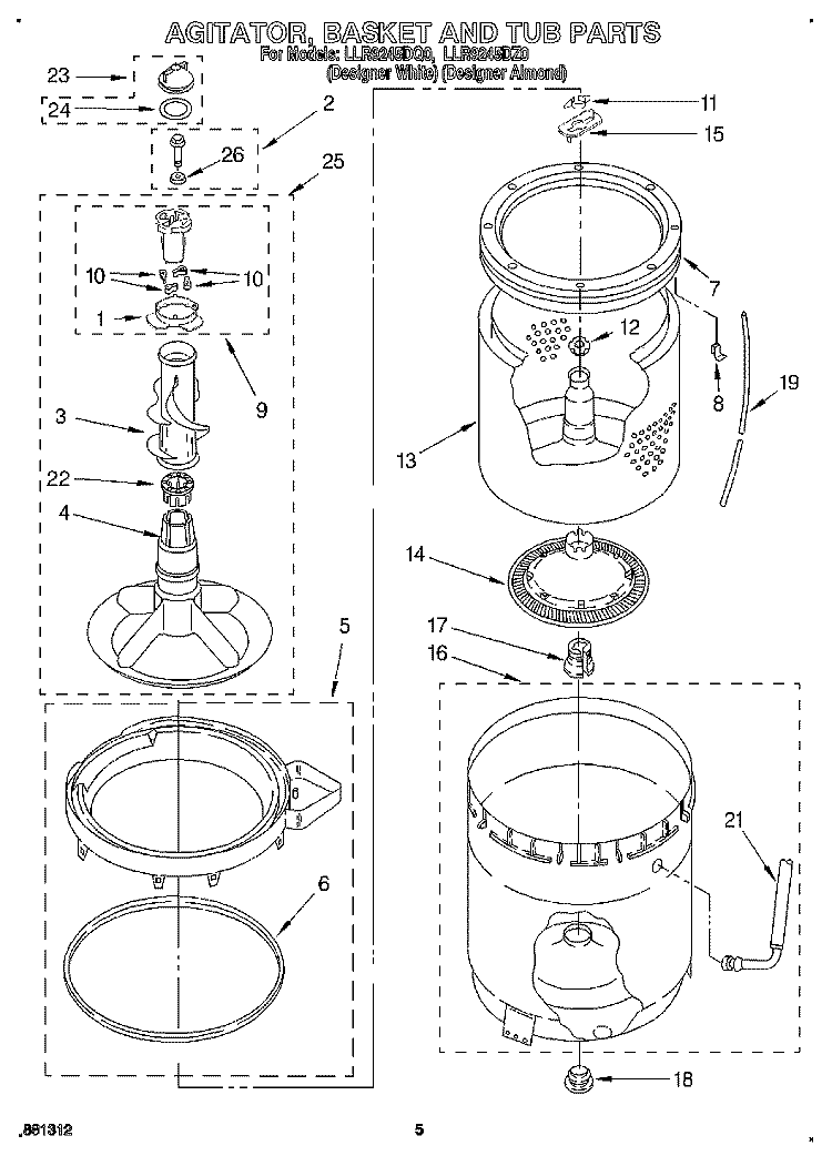 AGITATOR, BASKET AND TUB Diagram and Parts List for LLR9245DZ0  Whirlpool Washer