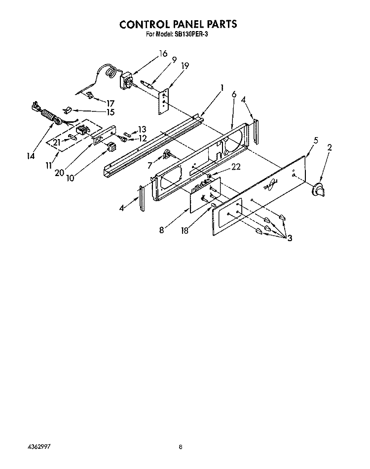 CONTROL PANEL Diagram and Parts List for SB130PER3  Whirlpool Range