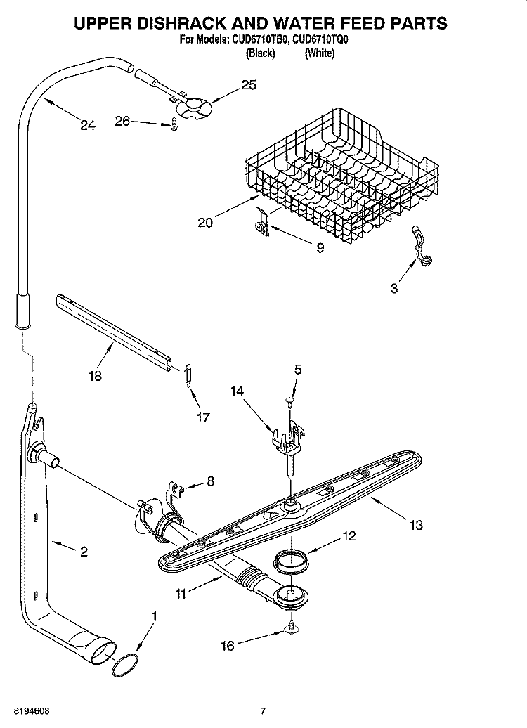 UPPER DISHRACK AND WATER FEED PARTS Diagram and Parts List for CUD6710TQ0  Crosley Dishwasher