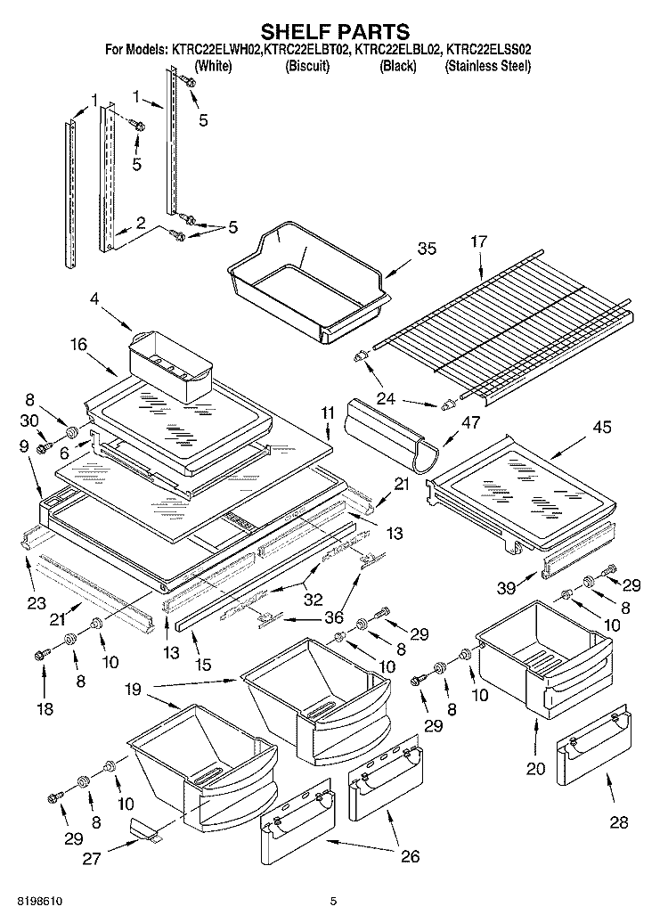SHELF PARTS Diagram and Parts List for KTRC22ELWH02  KitchenAid Refrigerator