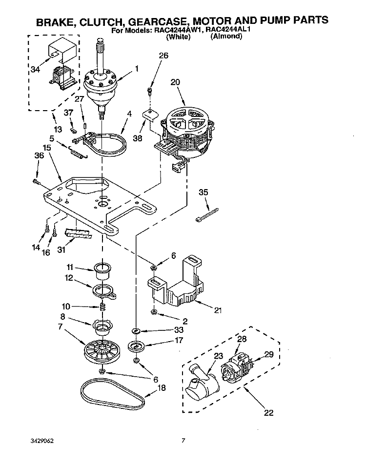 BRAKE, CLUTCH, GEARCASE, MOTOR & PUMP Diagram and Parts List for RAC4244AW1  Whirlpool Washer