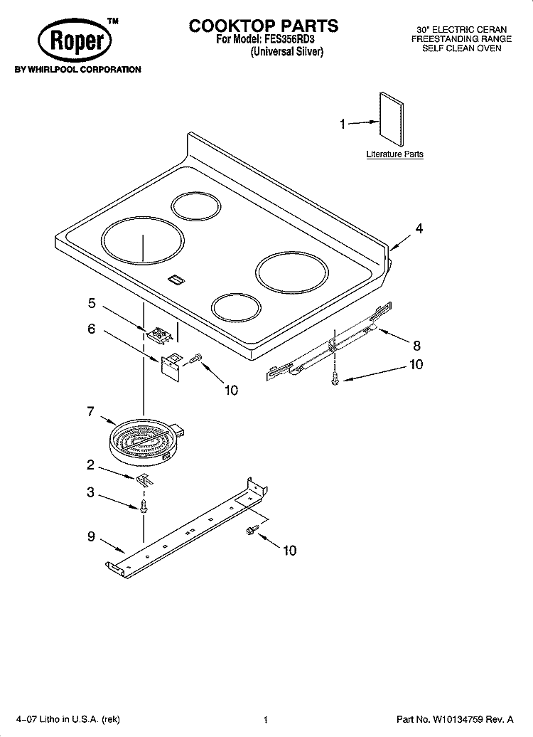 COOKTOP PARTS Diagram and Parts List for FES356RD3  Roper Range