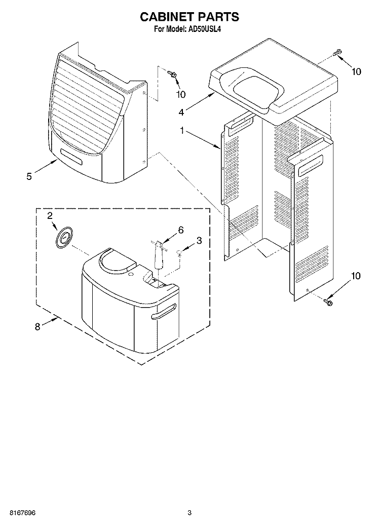 CABINET PARTS Diagram and Parts List for AD50USL4  Whirlpool Dehumidifier