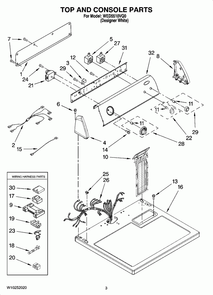 TOP AND CONSOLE PARTS Diagram and Parts List for WED5510VQ0  Whirlpool Dryer