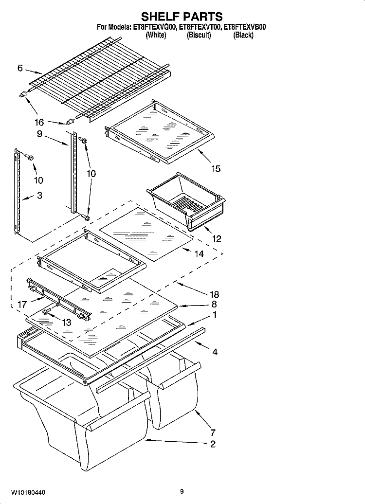SHELF PARTS, OPTIONAL PARTS Diagram and Parts List for ET8FTEXVT00  Whirlpool Refrigerator