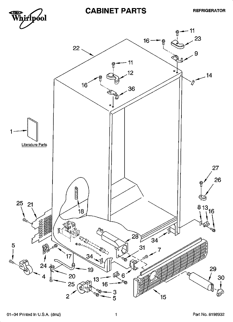CABINET PARTS Diagram and Parts List for GD5SHAXLT12  Whirlpool Refrigerator