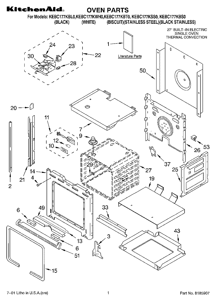 OVEN, LITERATURE Diagram and Parts List for KEBC177KSS0  KitchenAid Wall Oven