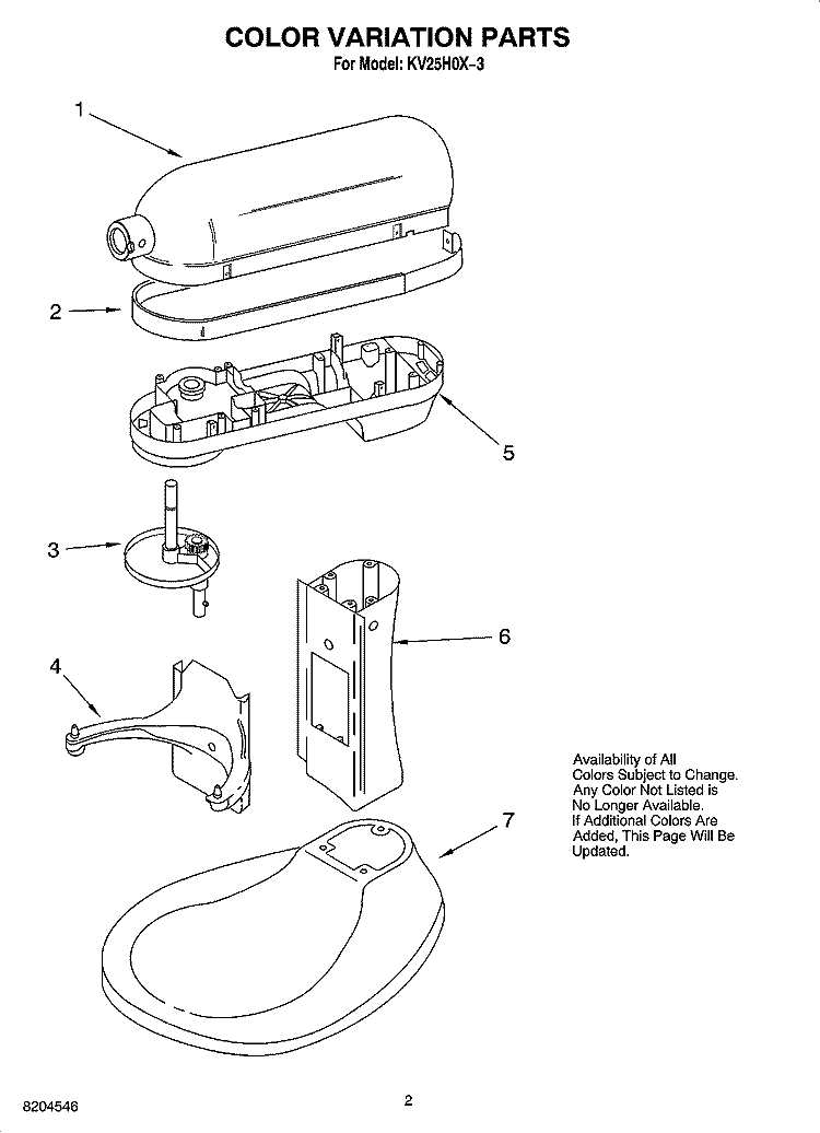 COLOR VARIATION PARTS Diagram and Parts List for KV25H0X-3  KitchenAid Mixer