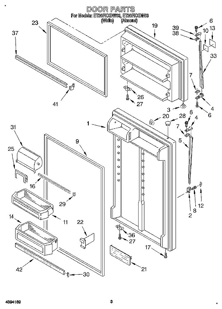 DOOR Diagram and Parts List for ET20PKXDW03  Whirlpool Refrigerator