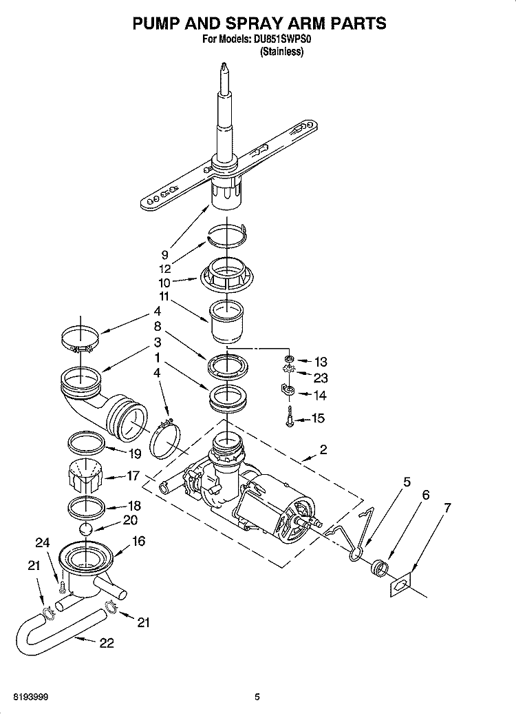 PUMP AND SPRAY ARM PARTS Diagram and Parts List for DU851SWPS0  Whirlpool Dishwasher