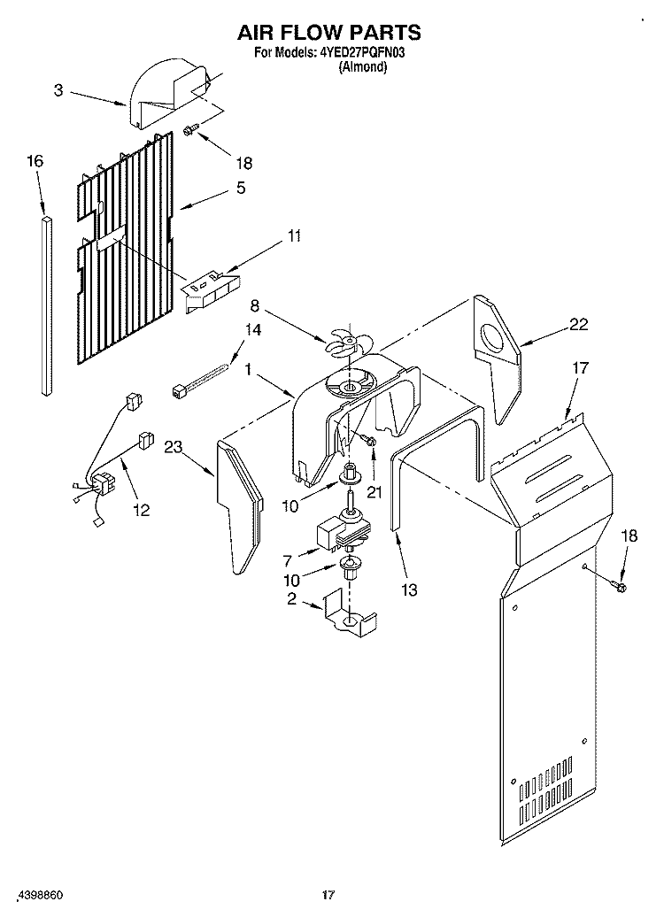 AIR FLOW Diagram and Parts List for 4YED27PQFN03  Whirlpool Refrigerator