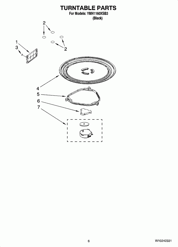 TURNTABLE PARTS Diagram and Parts List for YMH1160XSB3  Whirlpool Microwave