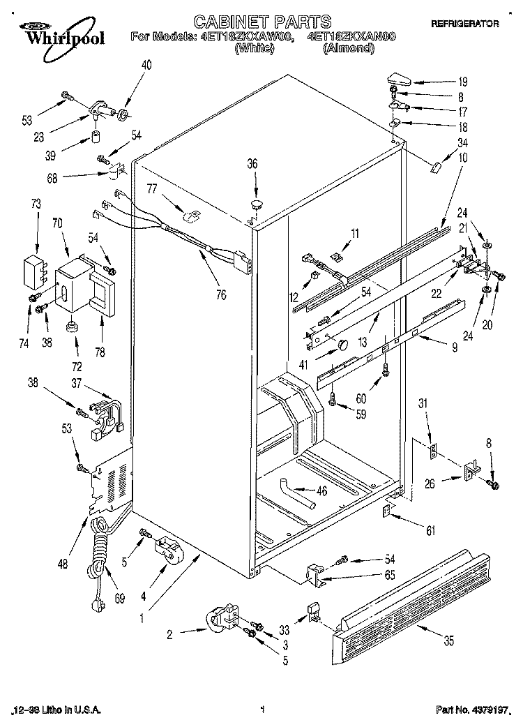 CABINET Diagram and Parts List for 4ET18ZKXAW00  Whirlpool Refrigerator