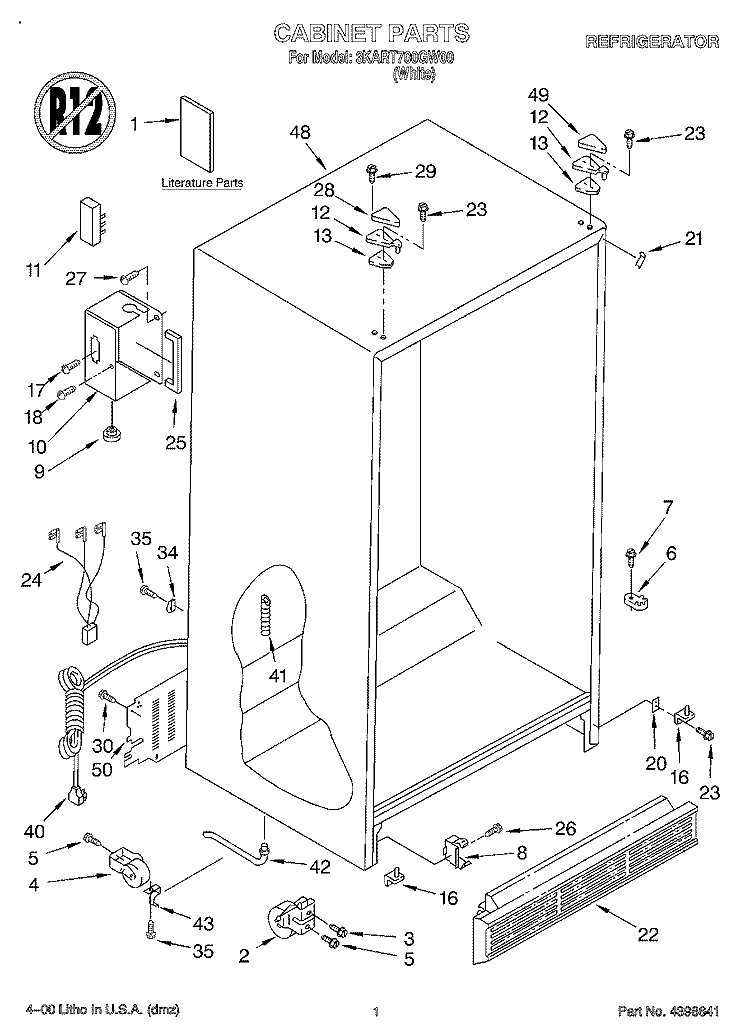 CABINET, LITERATURE Diagram and Parts List for 3KART700GW00  Whirlpool Refrigerator