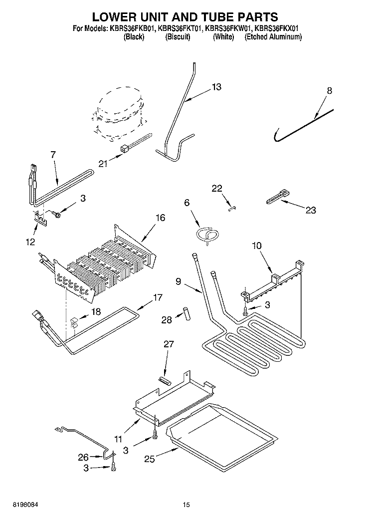 LOWER UNIT AND TUBE Diagram and Parts List for KBRS36FKW01  KitchenAid Refrigerator