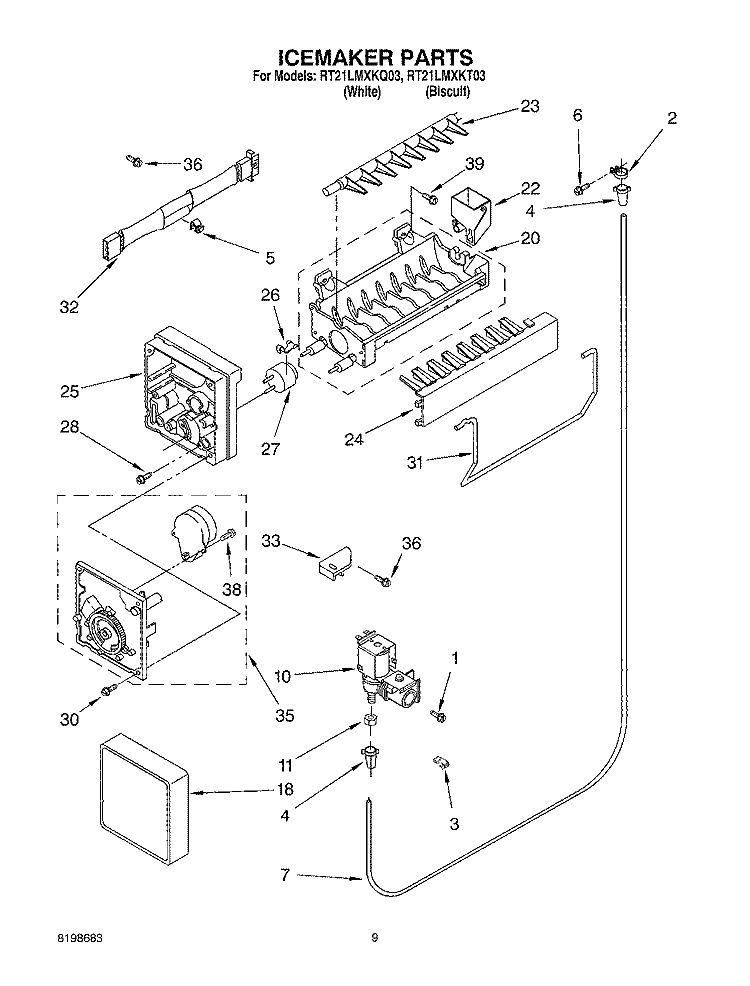 ICEMAKER PARTS Diagram and Parts List for RT21LMXKQ03  Roper Refrigerator