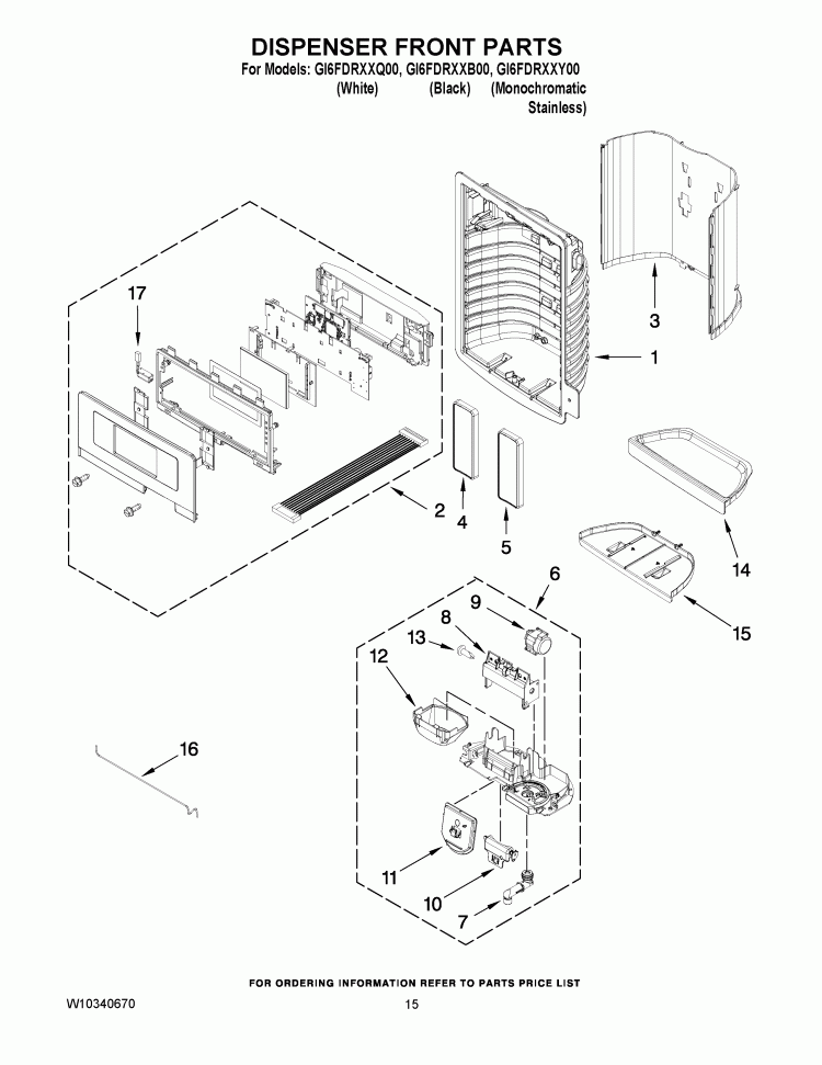 DISPENSER FRONT PARTS Diagram and Parts List for GI6FDRXXB00  Whirlpool Refrigerator